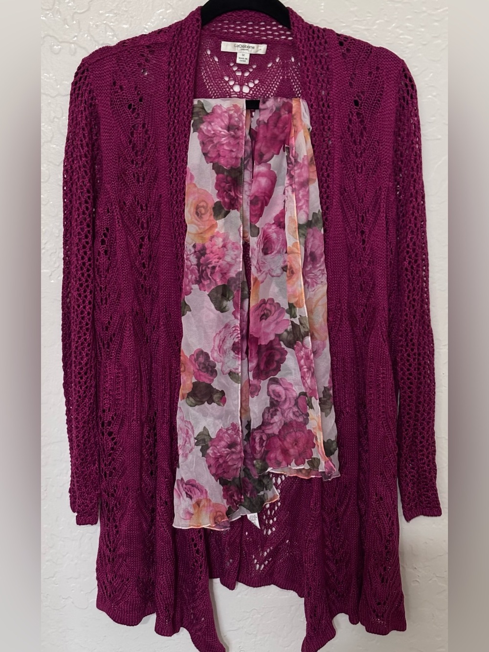 Liz Claiborne Open-Knit Cardigan in Berry Plum - Picture 2 of 6